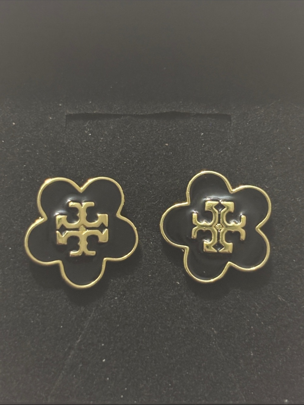 Tory Burch Black Enamel Flower Logo Stud Earrings